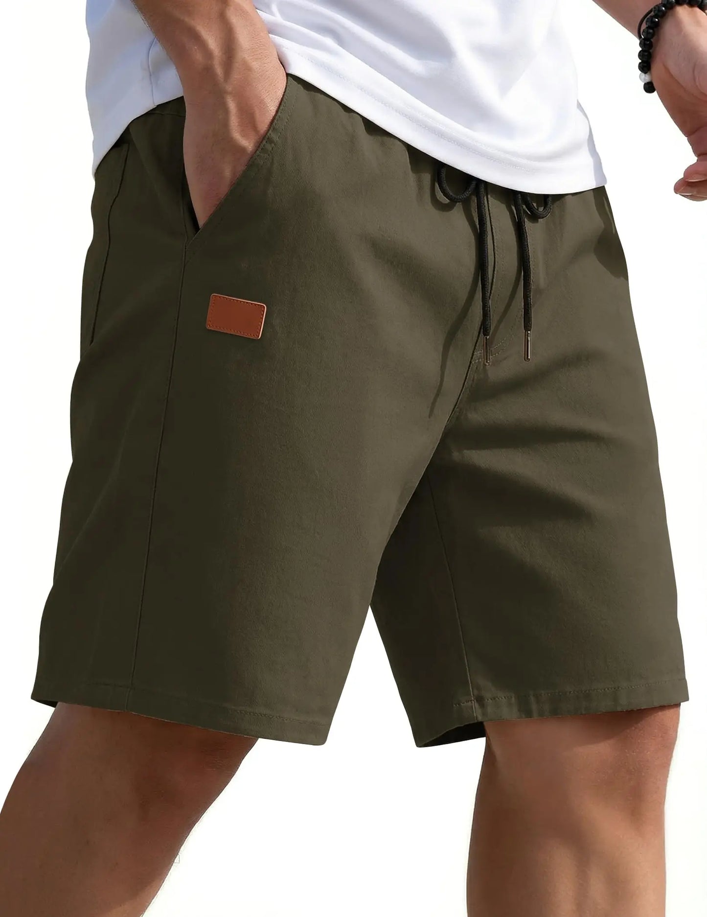 Mens Casual Shorts 9" Chino Cotton Shorts Summer Beach Drawstring Shorts with Pockets