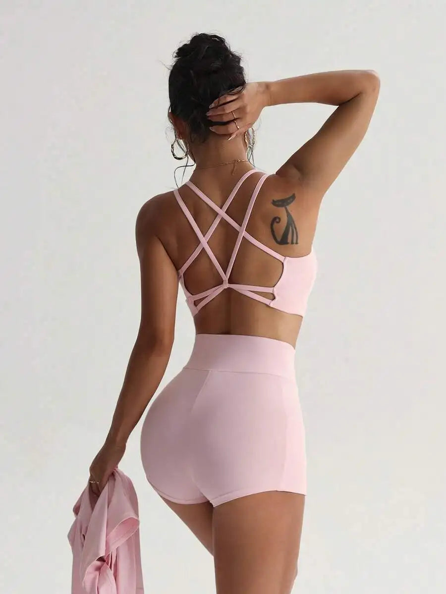 Women Three Piece Sport Set With Long Sleeve V Neck Top Bra Shorts