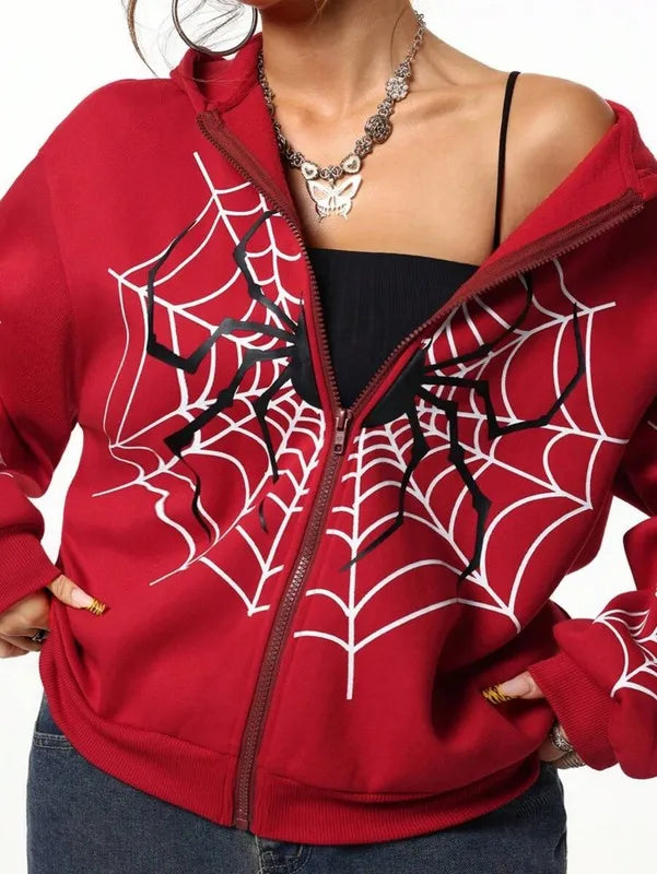 Spider Web Print Unisex Zip Up Hoodie For All Seasons