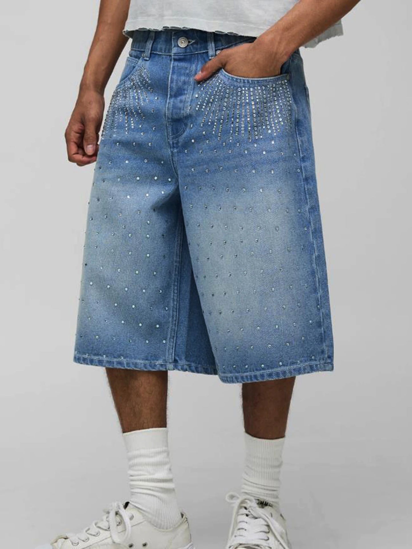 Men's Denim Shorts With Distressed Details And Frayed Hem