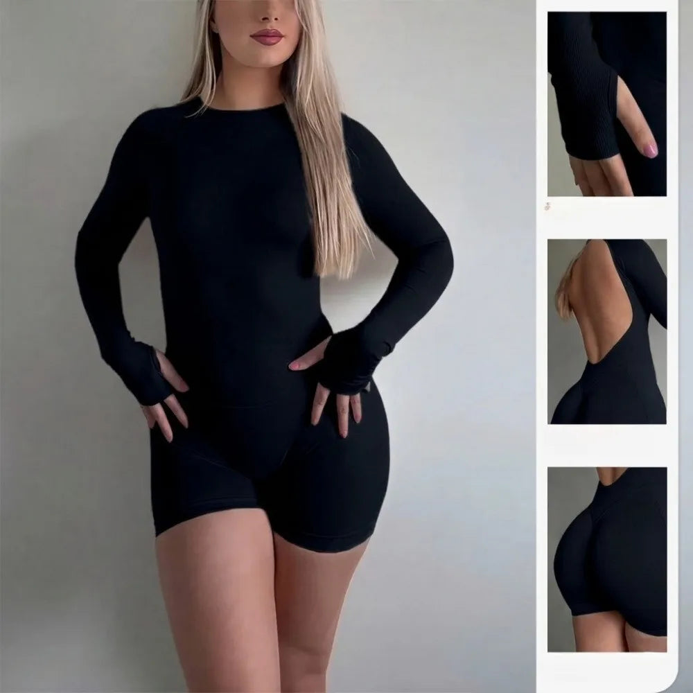 Women Seamless Knit Open Back Yoga Jumpsuit Romper Nylon Breathable