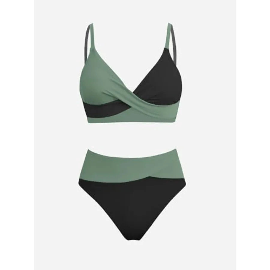 Women's High Waisted Twist Front Bikini Set With Adjustable Straps