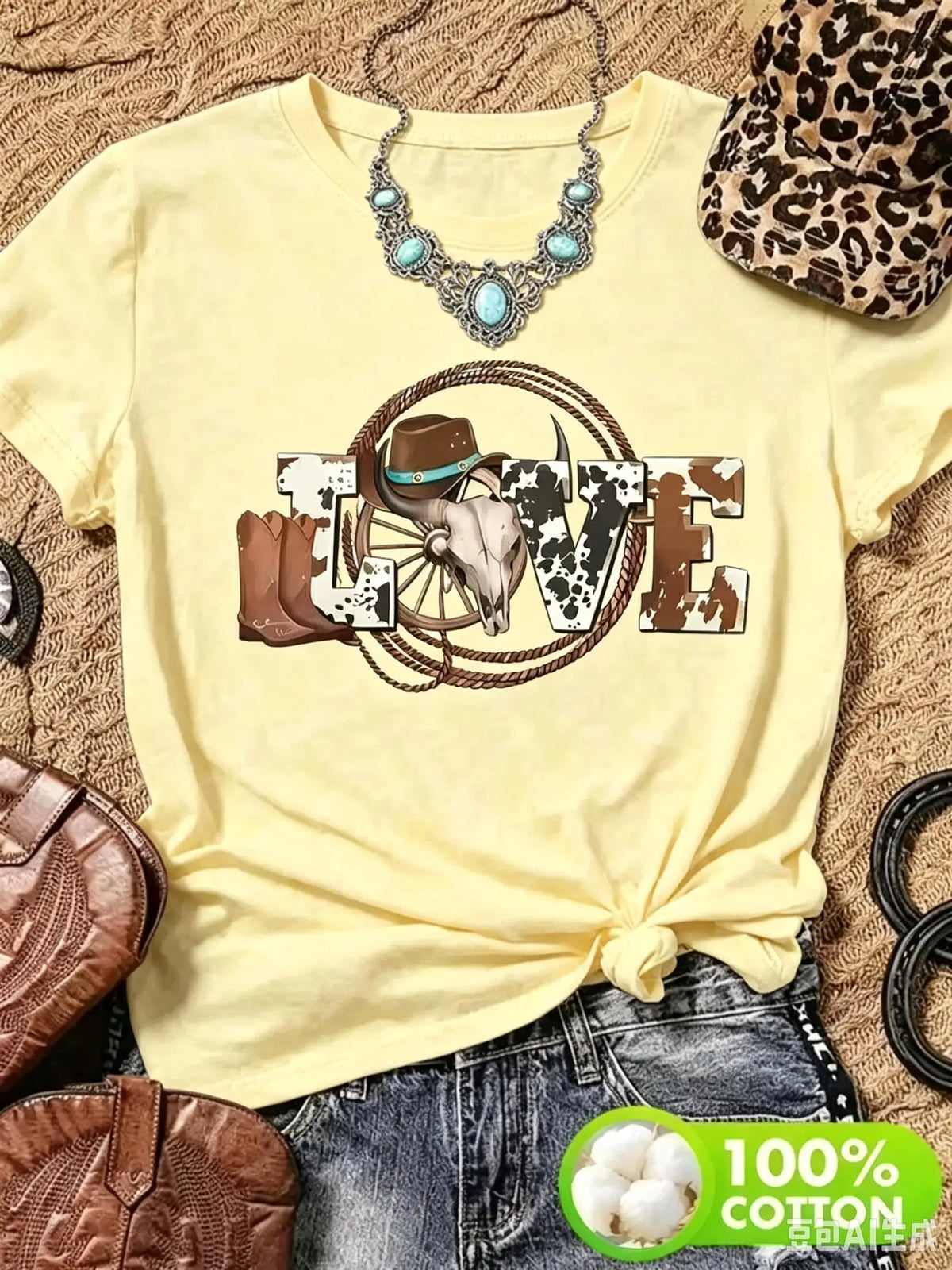 Women Casual Denim Style Love Graphic Print Cotton T Shirt