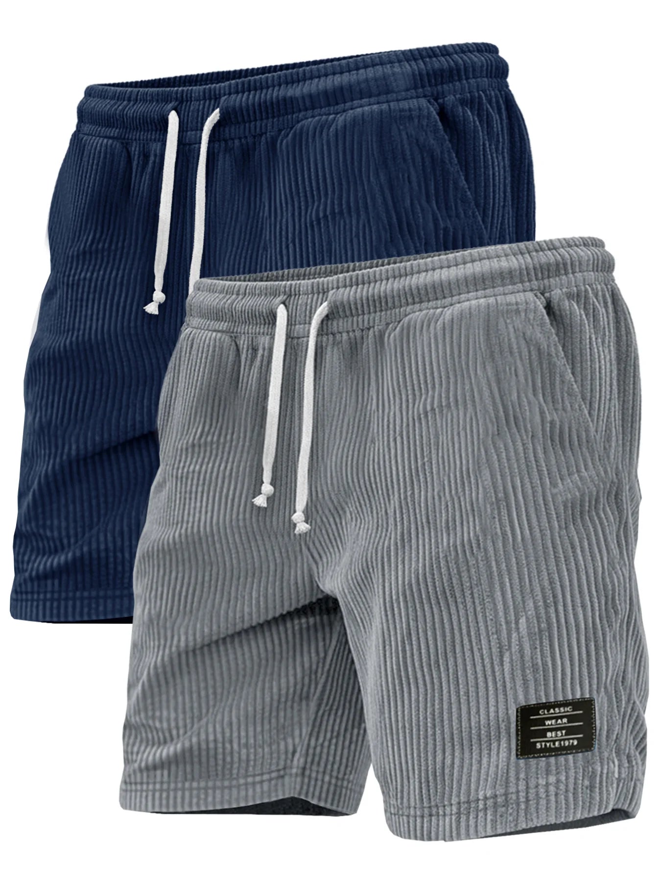 2-piece set of thick striped black label men's corduroy casual shorts, summer retro logo lace up loose sports five quarter pants, multi pocket training pants.