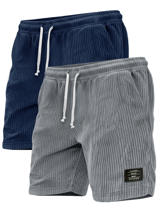 2-piece set of thick striped black label men's corduroy casual shorts, summer retro logo lace up loose sports five quarter pants, multi pocket training pants.