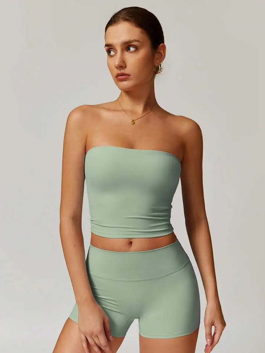 Womens Strapless Crop Top And Shorts Set Yoga Fitness Wear