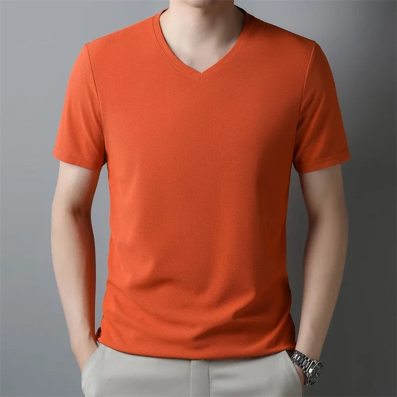 Men's Waffle Knit Vneck Short Sleeve T Shirt Summer Comfort
