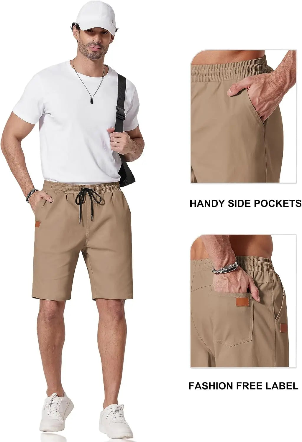 Mens Casual Shorts 9" Chino Cotton Shorts Summer Beach Drawstring Shorts with Pockets