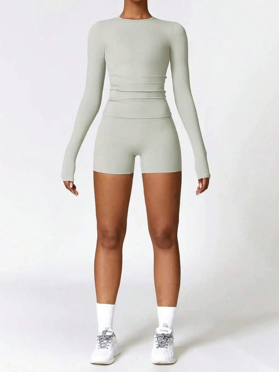 Women's Solid Long Sleeve Short Pant Activewear Set Breathable