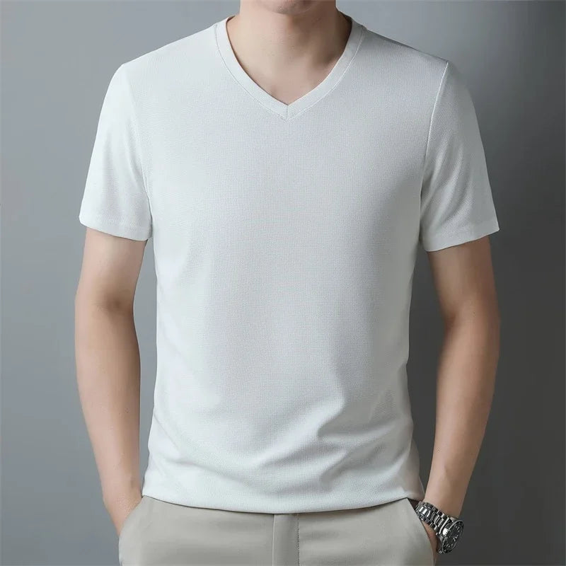 Men's Waffle Knit Vneck Short Sleeve T Shirt Summer Comfort