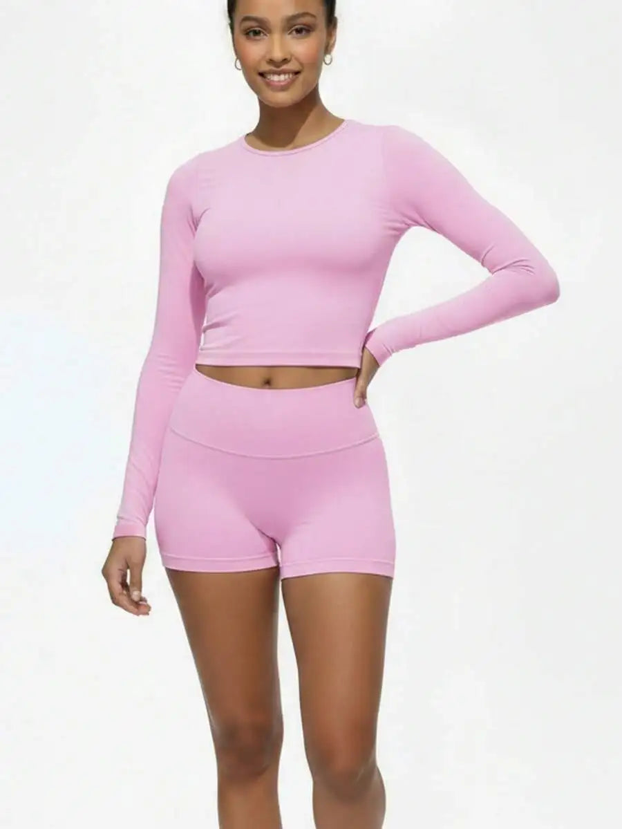Women's Solid Long Sleeve Short Pant Activewear Set Breathable