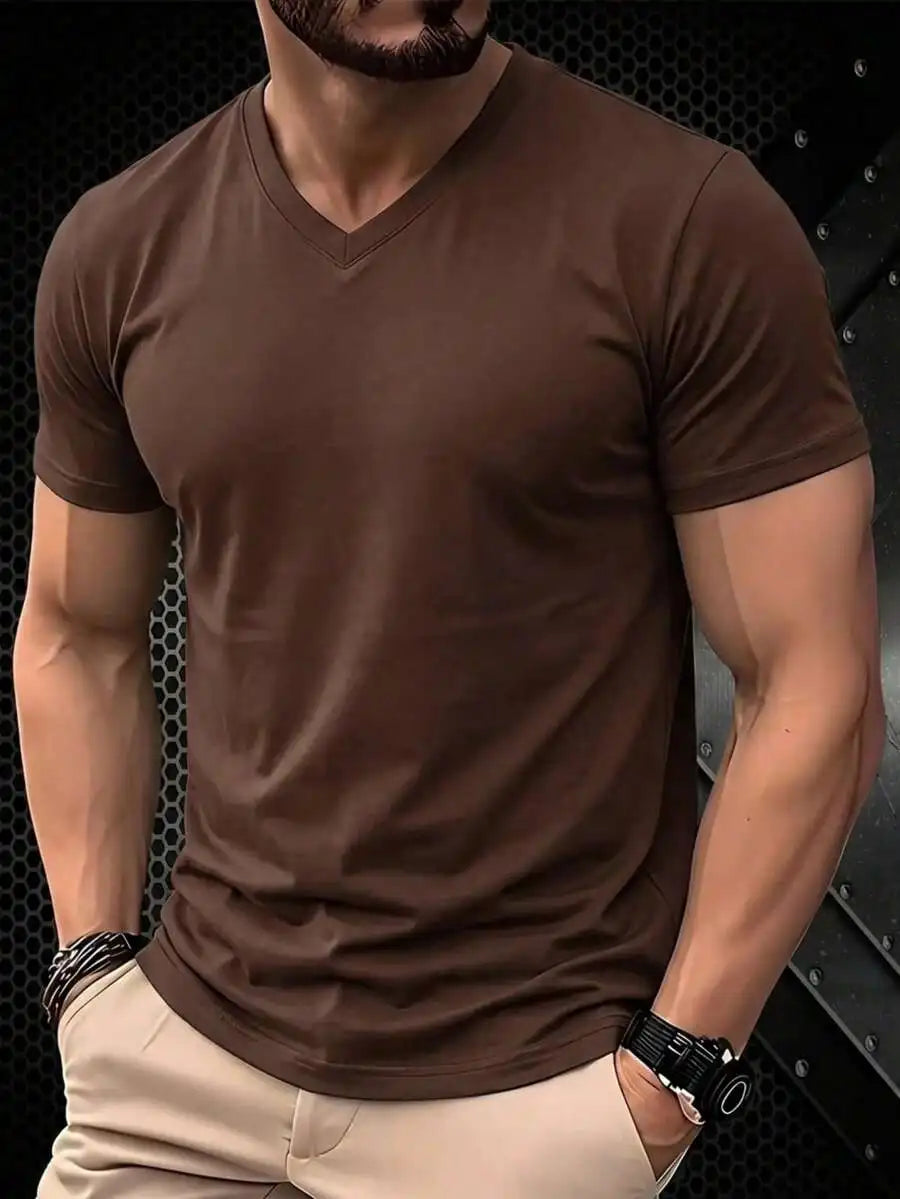 Men's Plain Casual V-Neck Short Sleeve T-Shirt Jersey Cotton