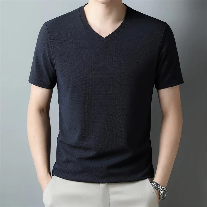 Men's Waffle Knit Vneck Short Sleeve T Shirt Summer Comfort