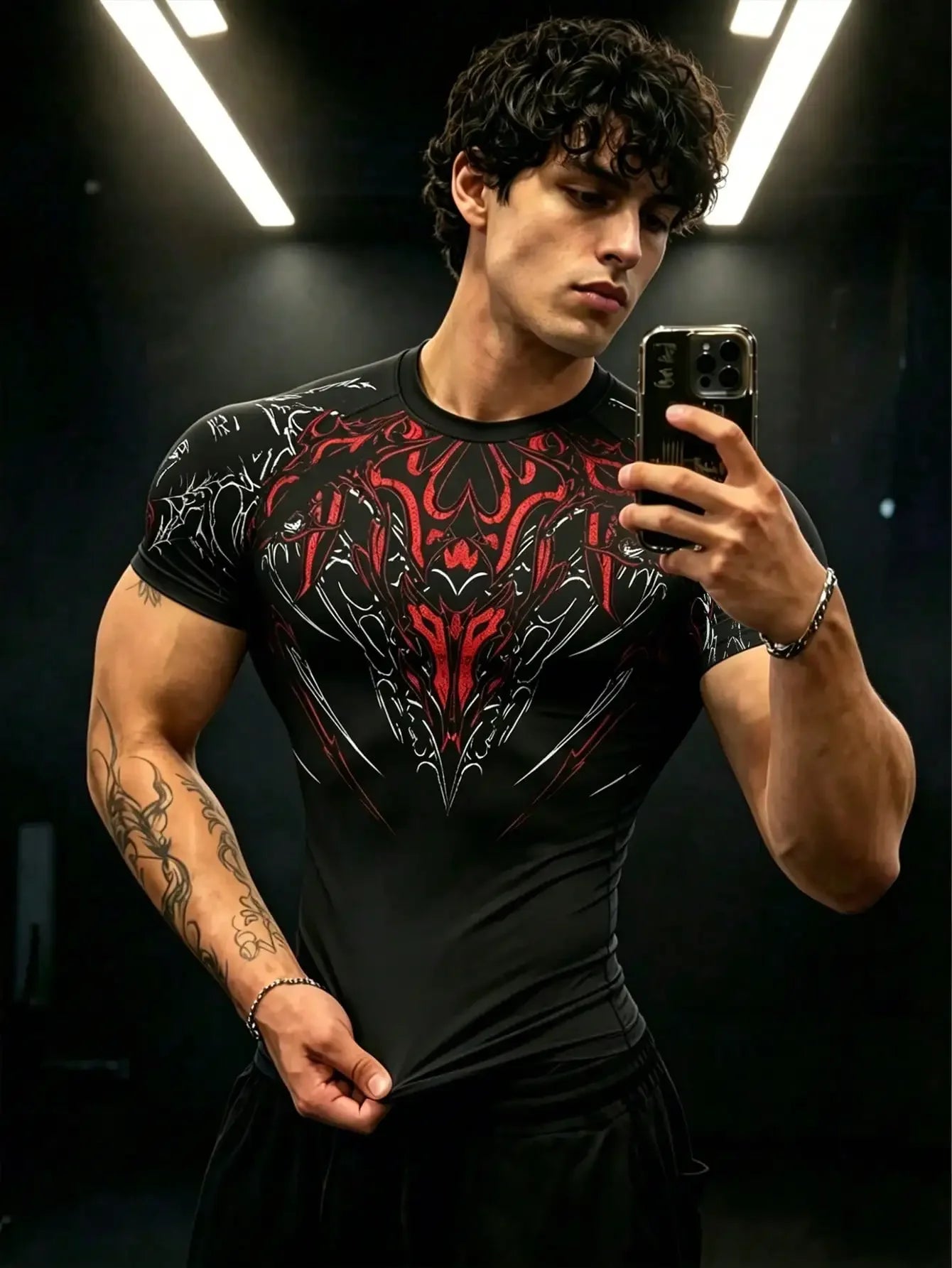 Mens Barbell Print Raglan Short Sleeve Gym Compression T Shirt