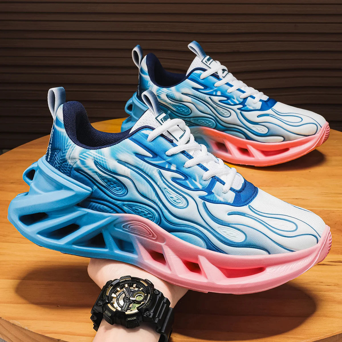 Unisex Flame Print Chunky Running Sneakers With Breathable Mesh