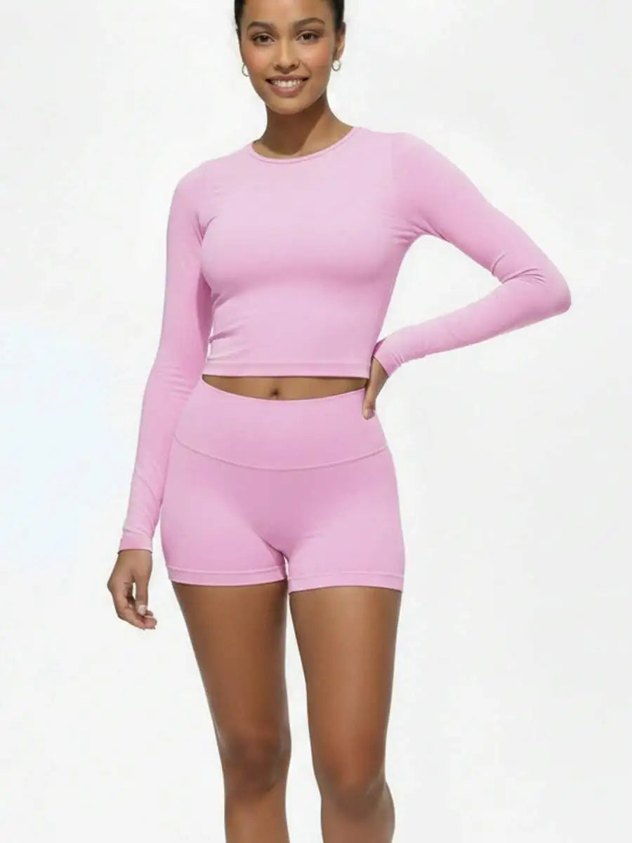 Women's Solid Long Sleeve Short Pant Activewear Set Breathable