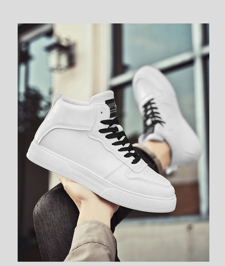 Men's Height Adding White High Top Canvas Sneakers Lace Up