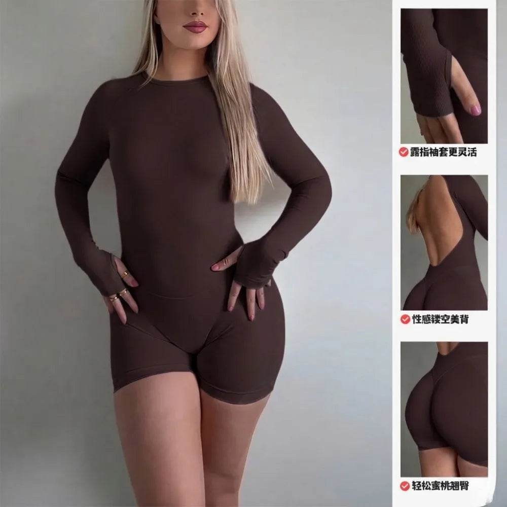 Women Seamless Knit Open Back Yoga Jumpsuit Romper Nylon Breathable