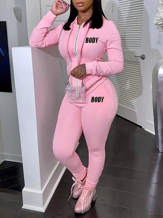 Women's Zipper Sportswear Set Hoodie And Sweatpants With Letter Print