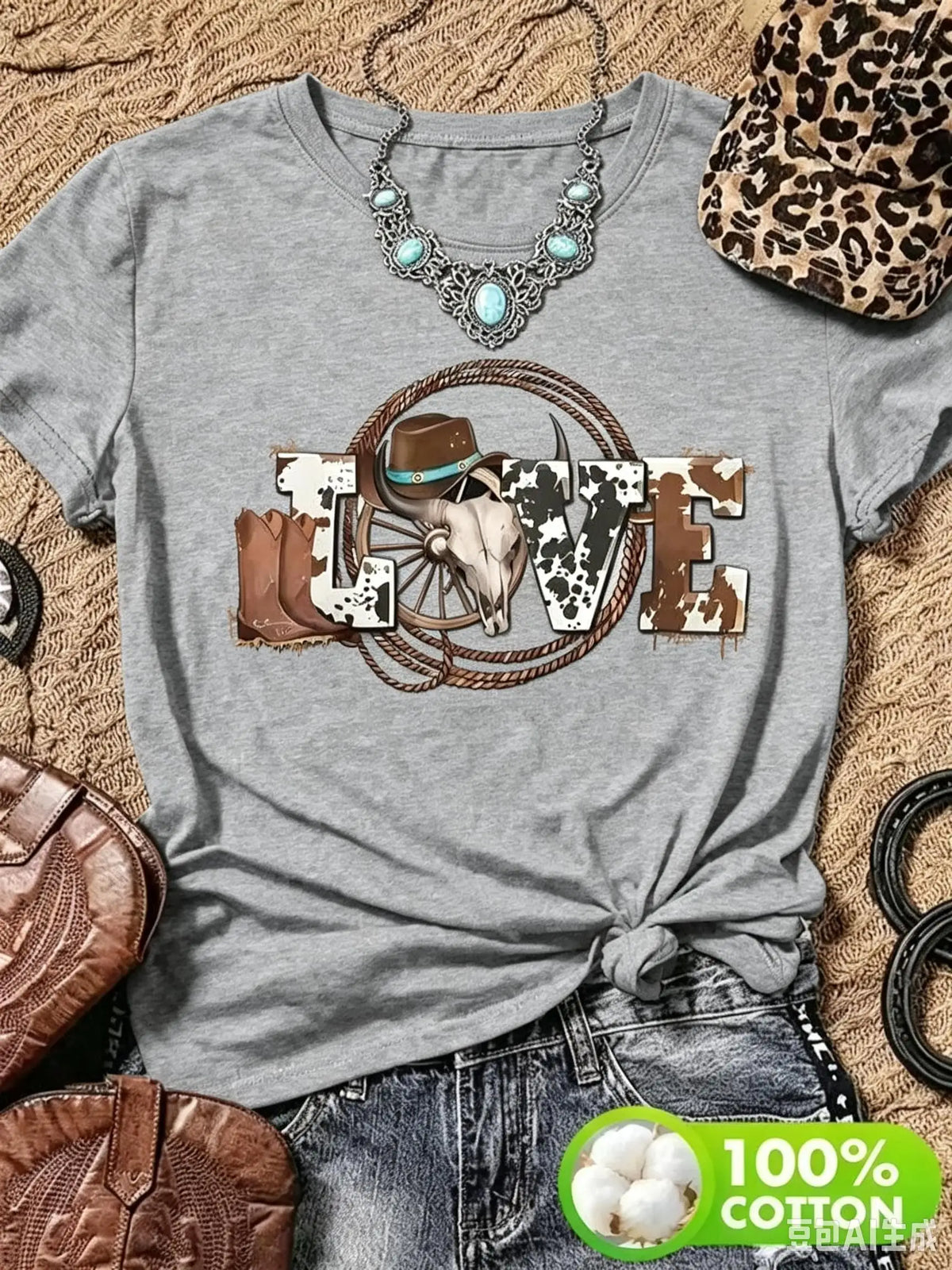 Women Casual Denim Style Love Graphic Print Cotton T Shirt