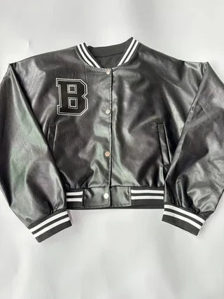 PU Leather Cropped Baseball Jacket With Embroidered Letters Striped Ribbed