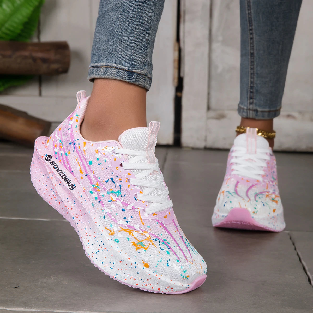 Unisex Lightweight Splatter Paint Gradient Running Shoes With Breathable Mesh