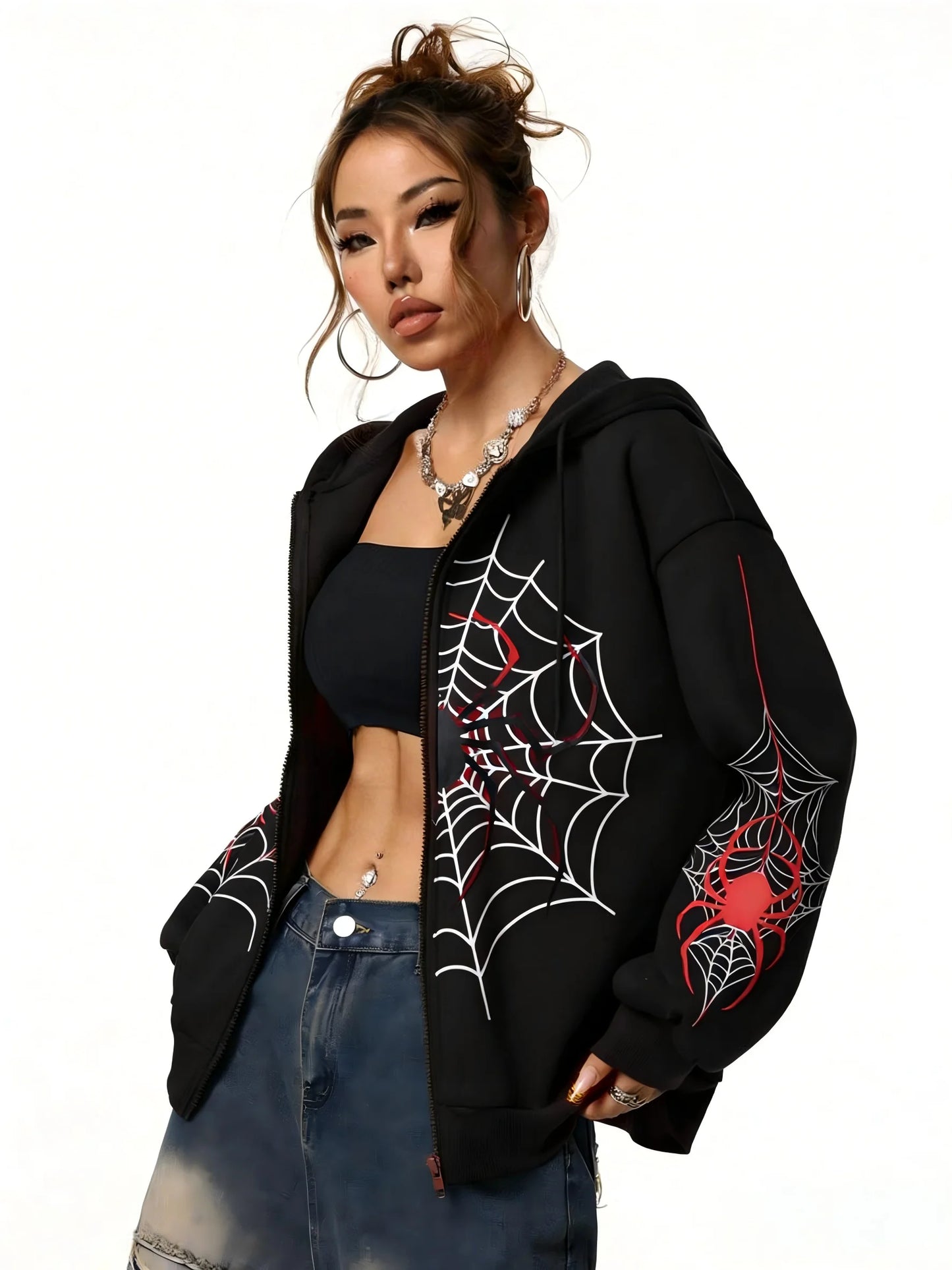 Spider Web Print Unisex Zip Up Hoodie For All Seasons