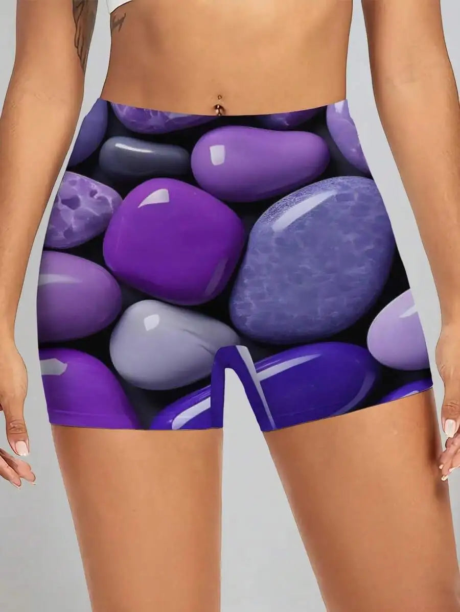 Women Purple Stone Print Sport Shorts For Casual Fitness