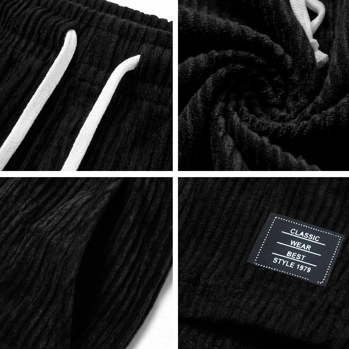 2-piece set of thick striped black label men's corduroy casual shorts, summer retro logo lace up loose sports five quarter pants, multi pocket training pants.