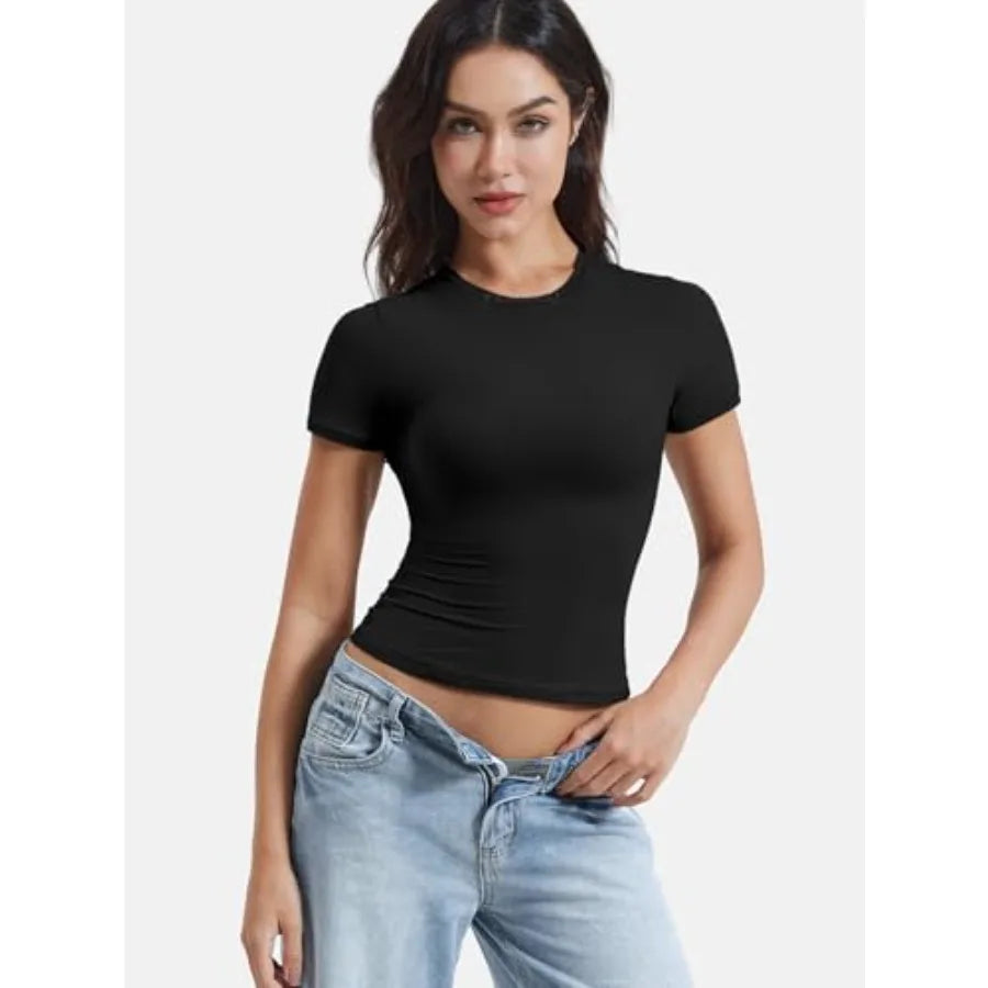 Women Bamboo Fiber Fitted Workout Top Short Sleeve Crew Neck