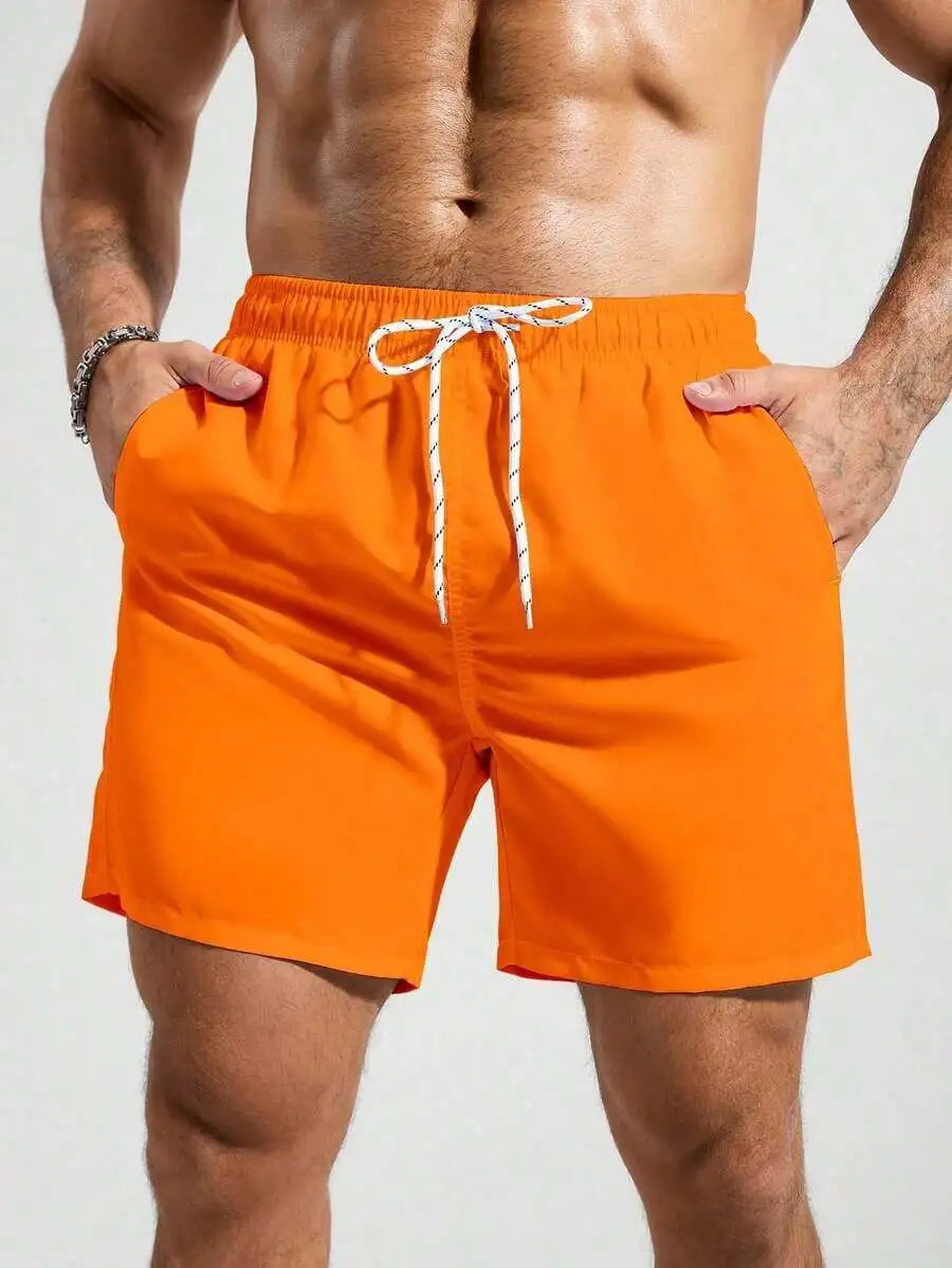 Mens Pocketed Drawstring Waist Beach Quick Dry Swim Trunks