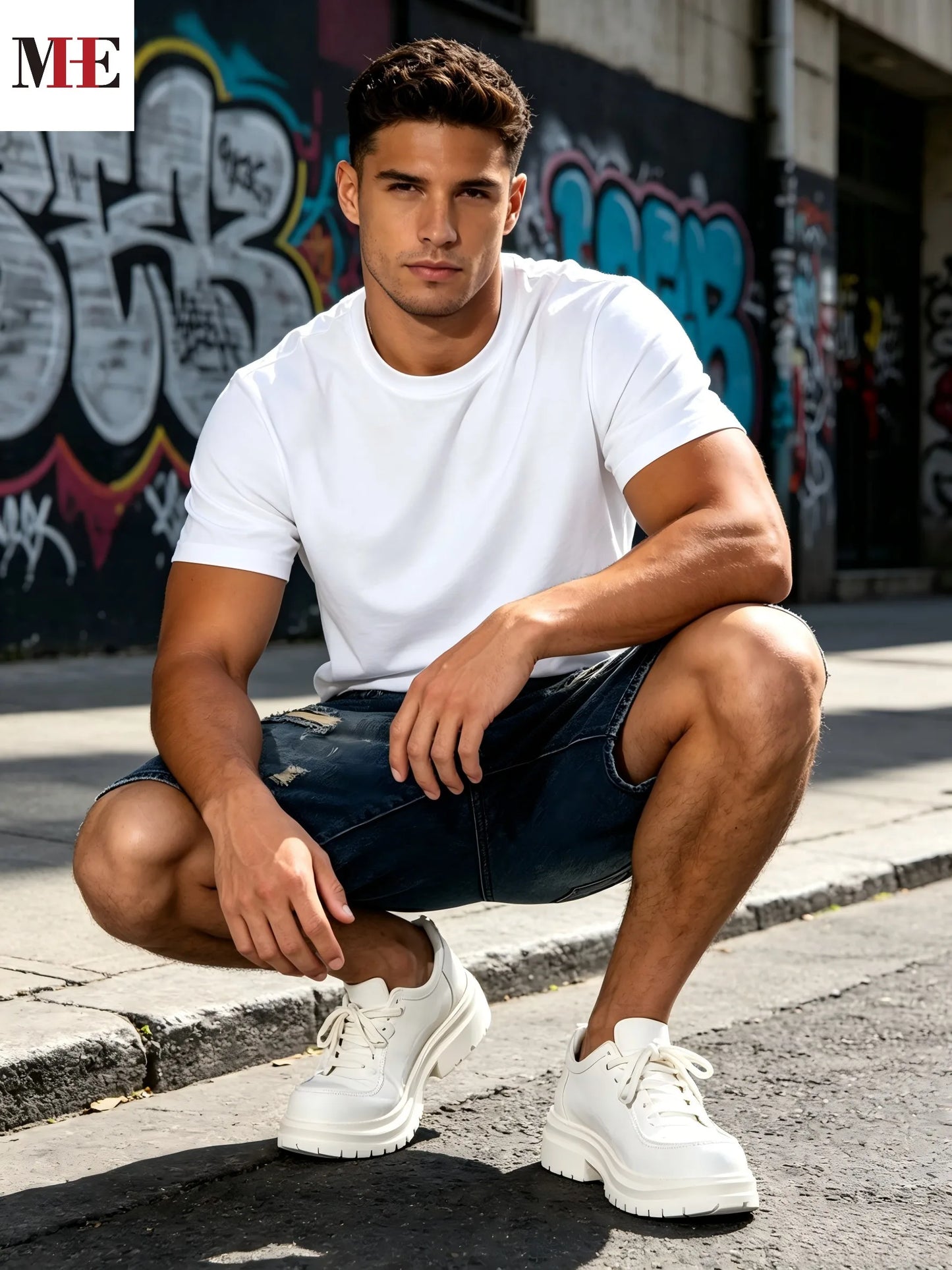 HME Loose Denim Shorts For Men With Unique Graffiti Artwork