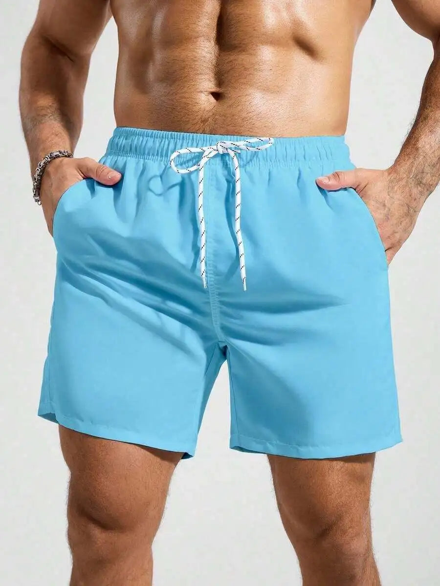 Mens Pocketed Drawstring Waist Beach Quick Dry Swim Trunks