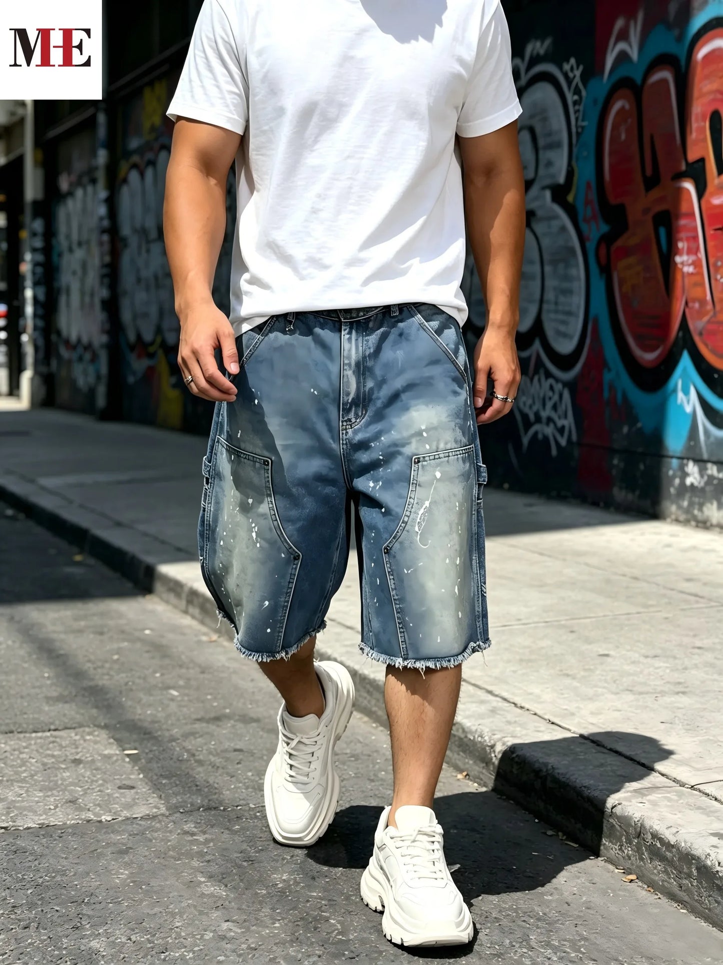 HME Men's Workwear Denim Cargo Shorts With Paint Splatter