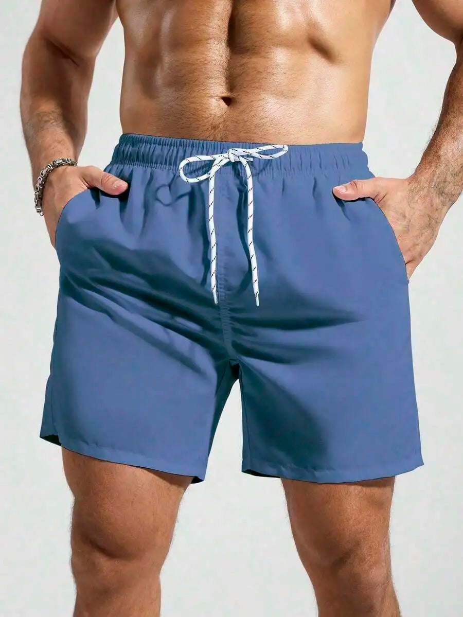 Mens Pocketed Drawstring Waist Beach Quick Dry Swim Trunks