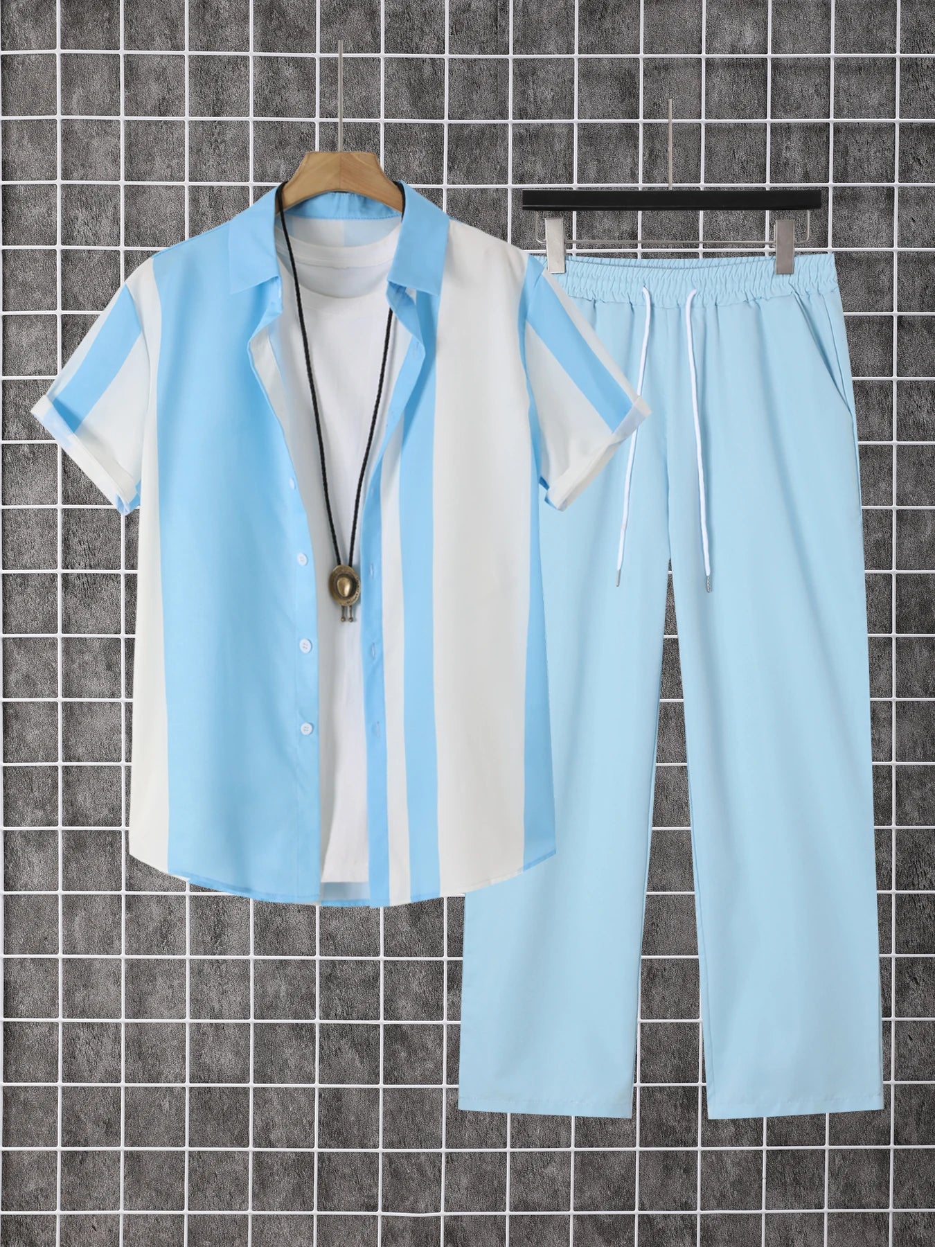 Printed Men's Summer Short Sleeve Shirt And Pants Set