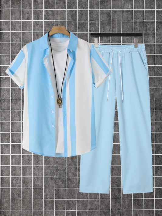 Printed Men's Summer Short Sleeve Shirt And Pants Set