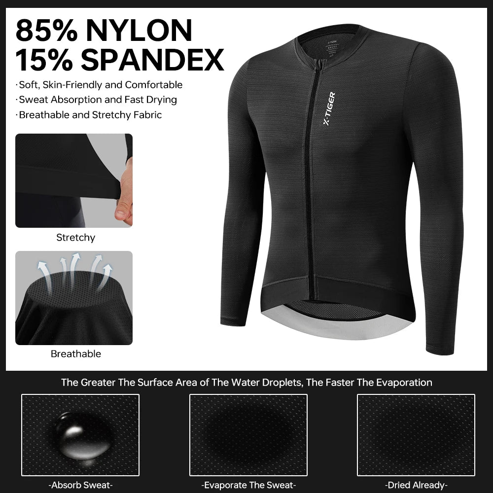 X-TIGER Men's Long Sleeve Cycling Jersey With Zipper Pockets