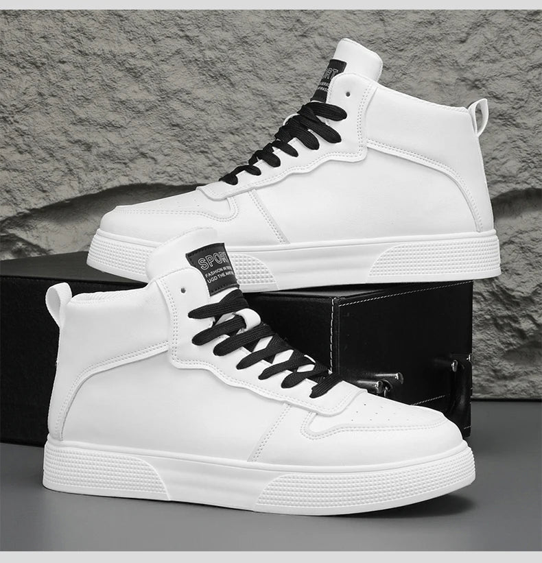 Men's Height Adding White High Top Canvas Sneakers Lace Up