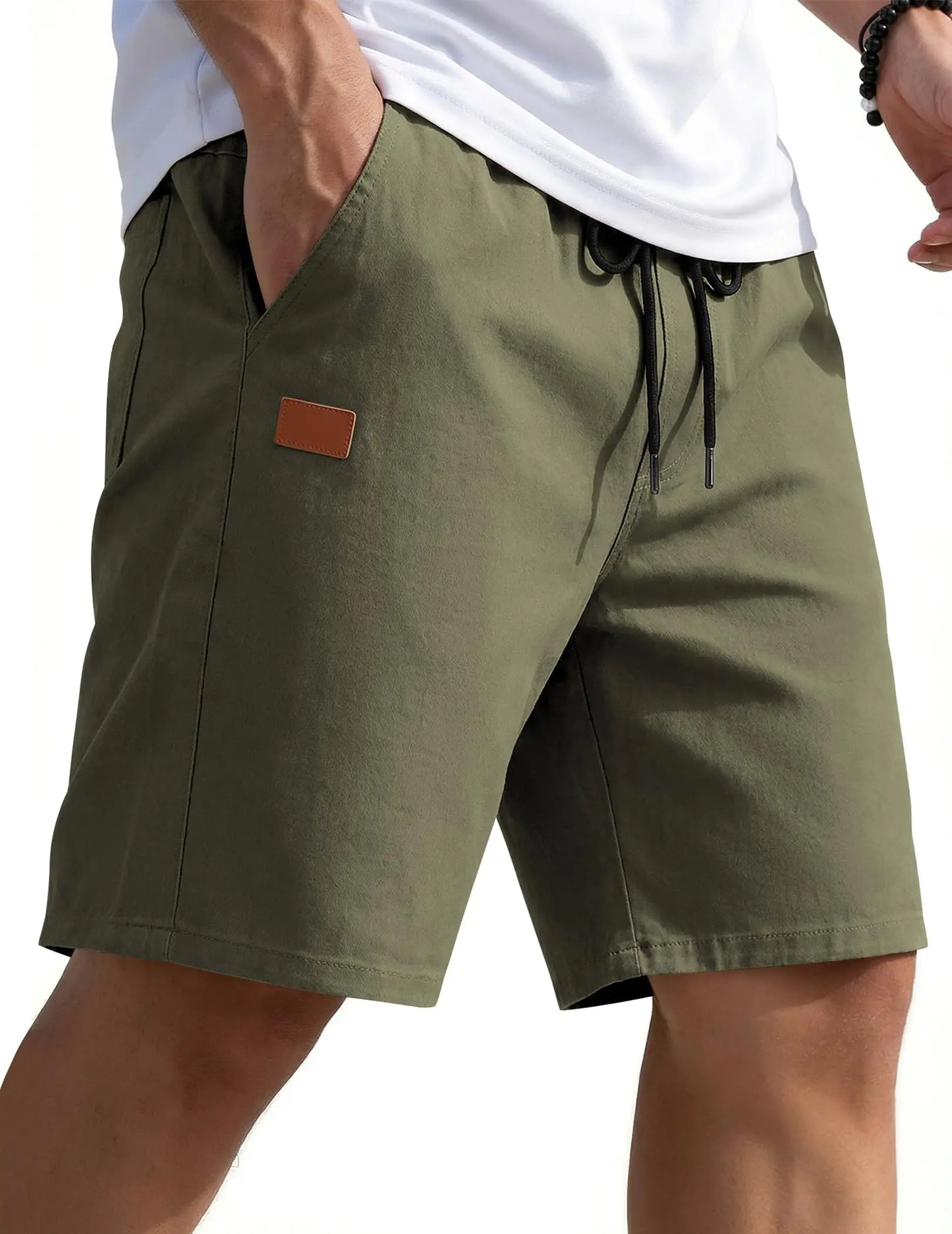 Mens Casual Shorts 9" Chino Cotton Shorts Summer Beach Drawstring Shorts with Pockets