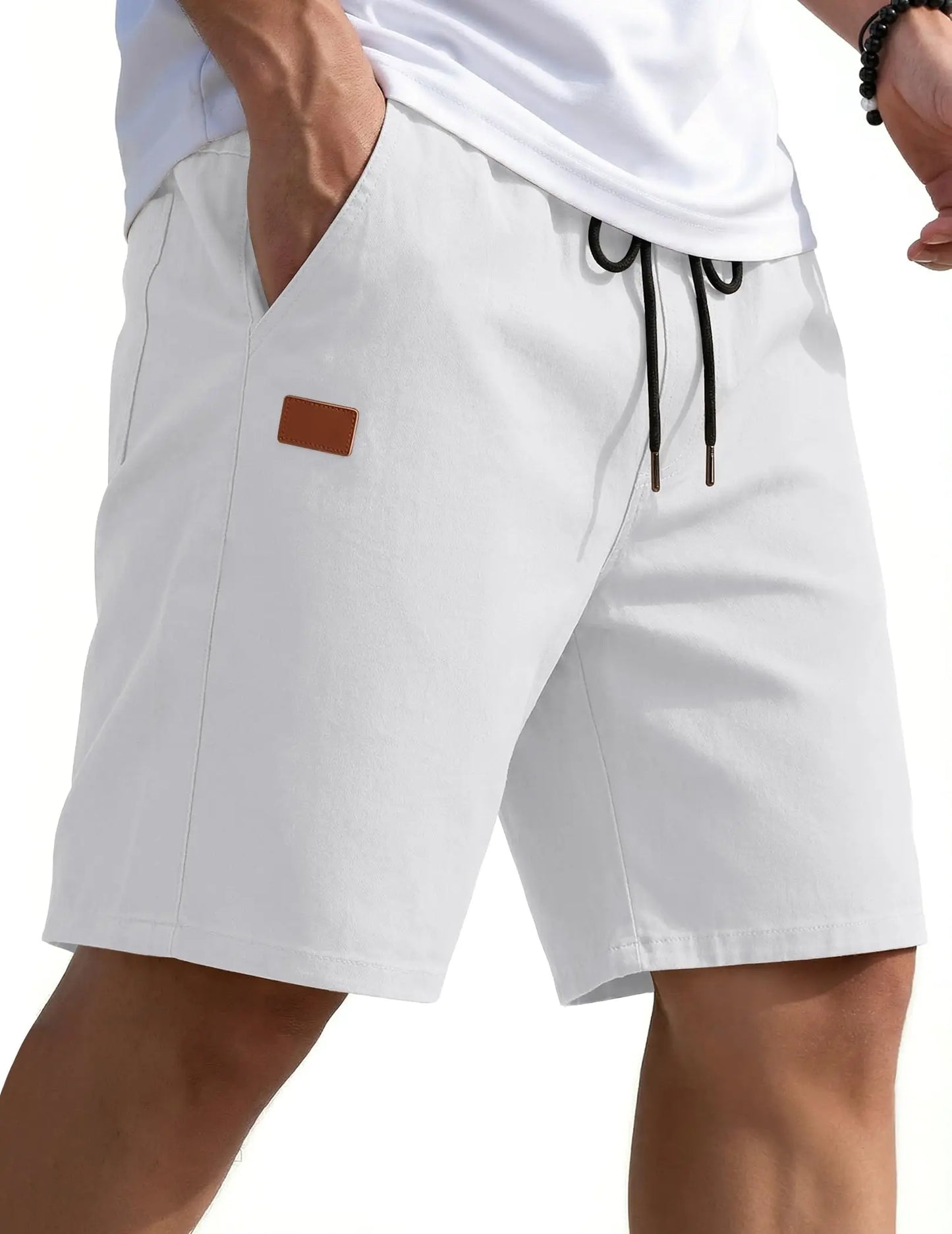 Mens Casual Shorts 9" Chino Cotton Shorts Summer Beach Drawstring Shorts with Pockets