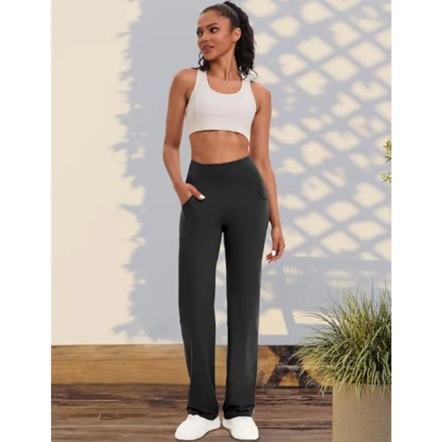 VOOVEEYA Yoga Pants Women with Pockets, Tummy Control Leggings Straight Leg High Waist Work Dress Pants Petite/Regular/Tall