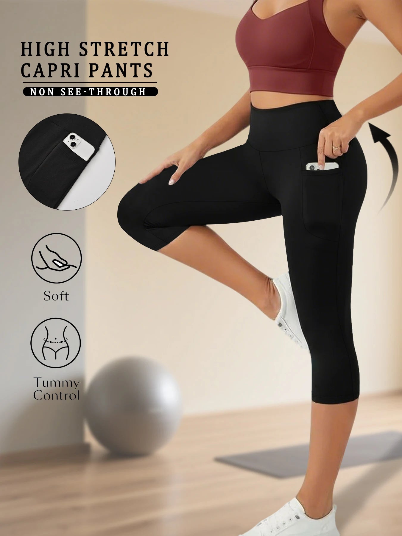 High Waisted capri pants For Women With Pockets Tummy Control No See Through Workout Running Yoga Athletic Push Up Gym Leggings