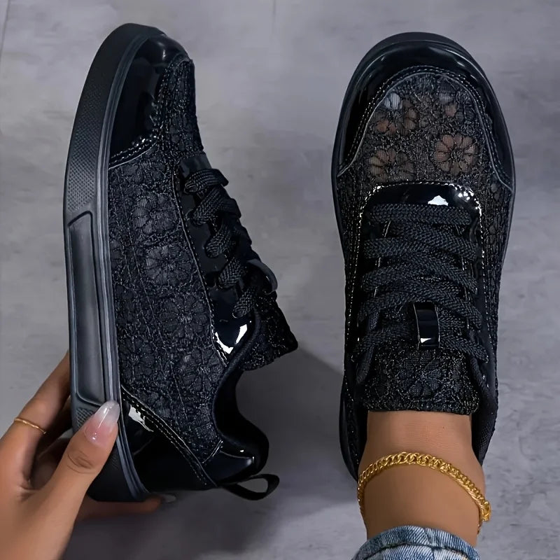 Women Breathable Platform Sneakers With Floral Embroidered Mesh Details