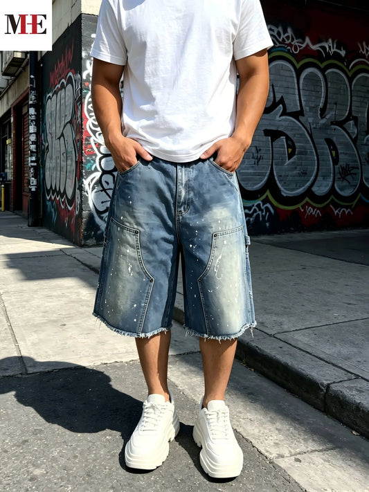 HME Men's Workwear Denim Cargo Shorts With Paint Splatter