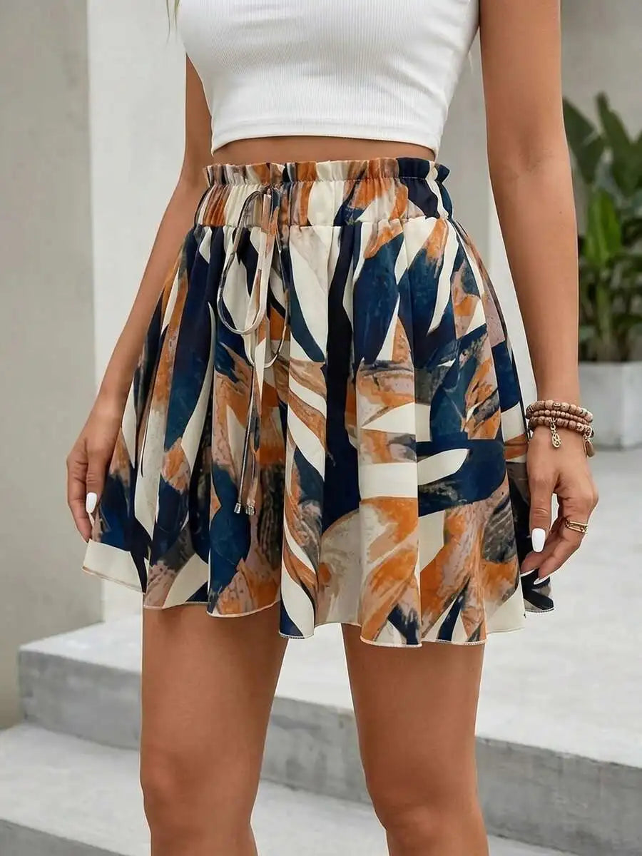 Womens High Waist Printed Flowy Wide Leg Shorts Drawstring Lightweight
