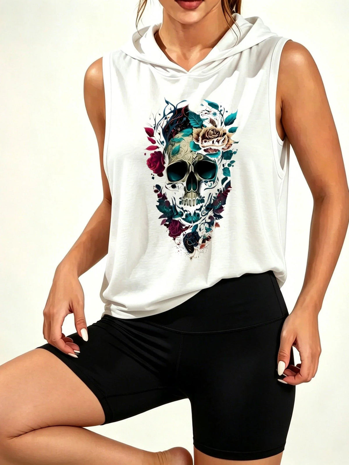 Women's Sleeveless Hooded Floral Skull Rose Tank Biker Shorts Set