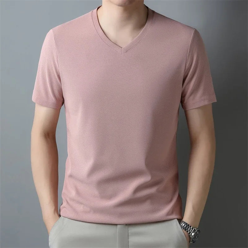 Men's Waffle Knit Vneck Short Sleeve T Shirt Summer Comfort
