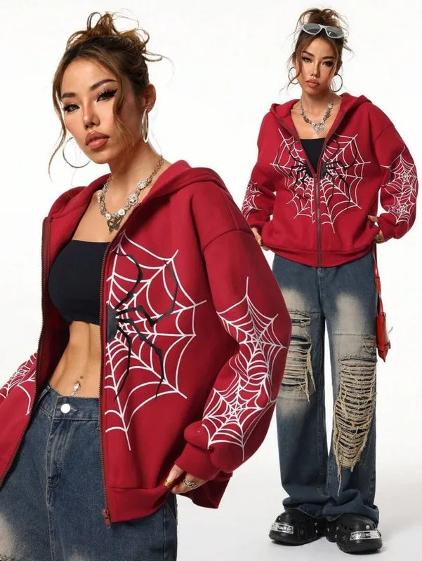 Spider Web Print Unisex Zip Up Hoodie For All Seasons