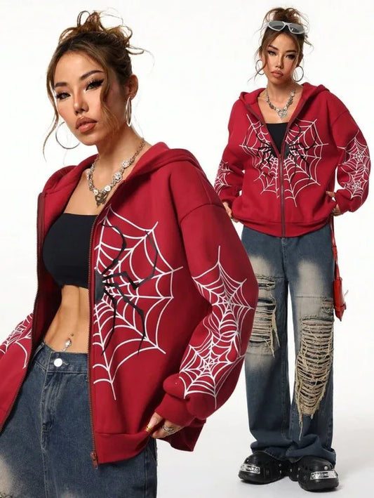 Spider Web Print Unisex Zip Up Hoodie For All Seasons